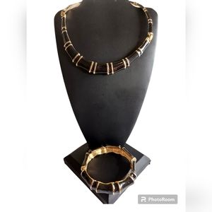 Vintage LIN Black & Gold Enamel Choker Necklace & Clamper Bracelet